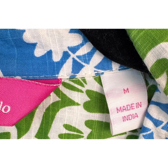 Pappagallo Shirt Blouse Medium Womens Button Down Green White Floral Roll Tab - Picture 8 of 15